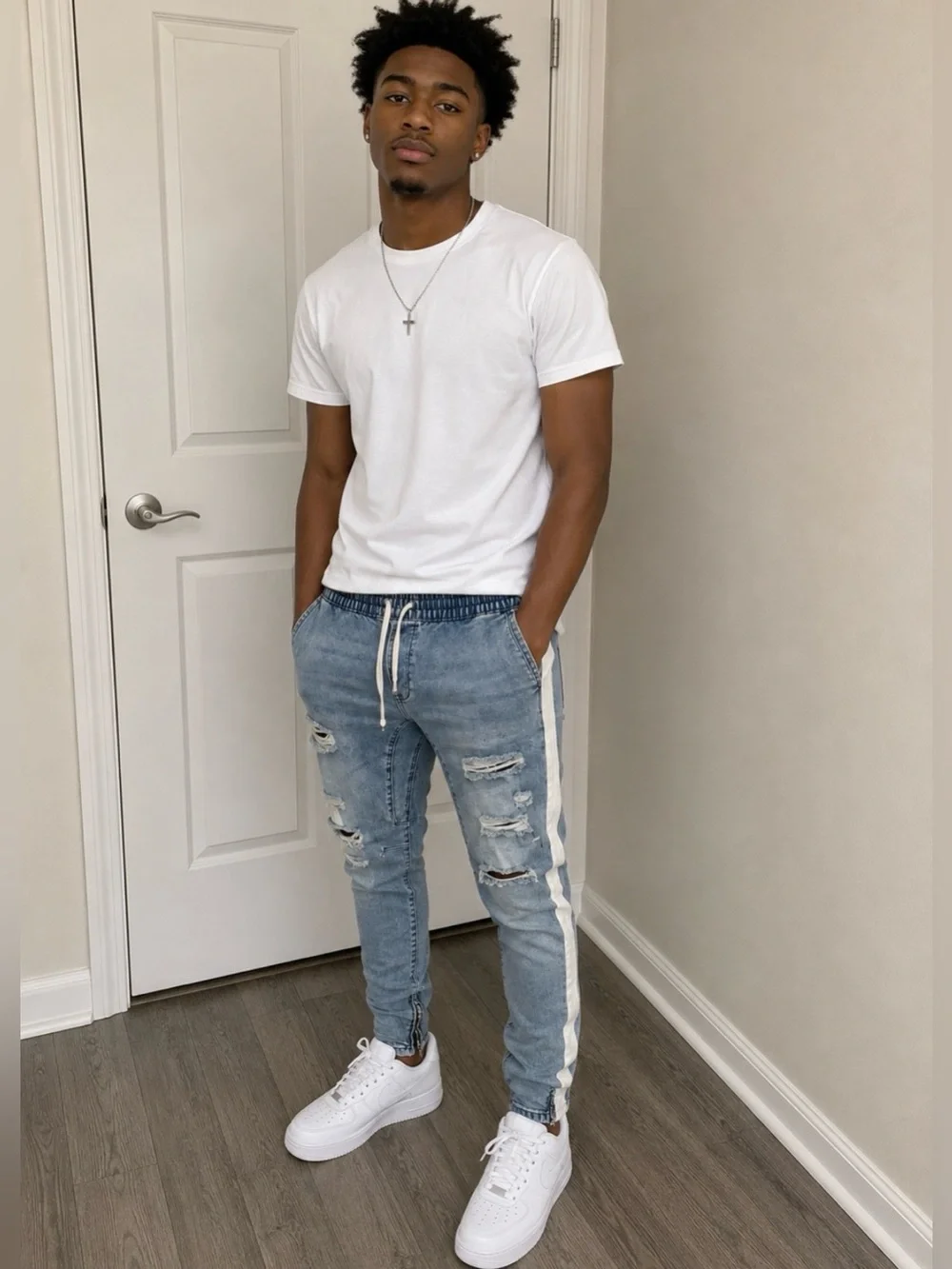 PacSun Distressed Men's Jogger Jeans with White Side Stripe and Ankle Zippers